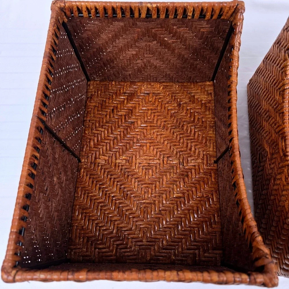 Set of 2 Woven Wicker Storage Baskets Brown Chevron Sloped‎ Farmhouse Organizer